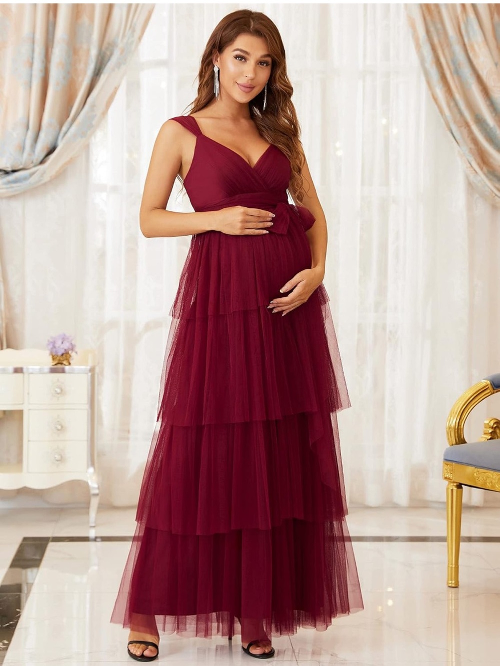 Ever-Pretty Burgundy Maternity Tiered Tulle Maxi Gown Size 22